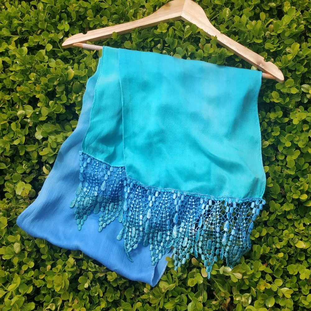 Hand-dyed silk scarf with lace trim by Chrysalis